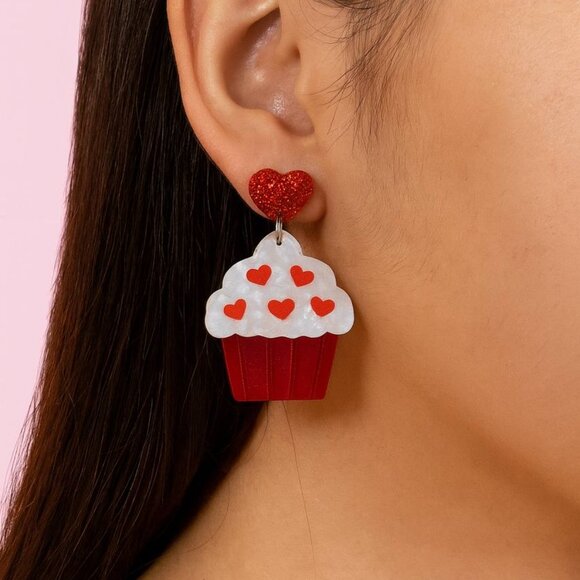 Heart Cupcake Earrings | Cute Valentine’s Day Statement Jewelry - Picture 2 of 4